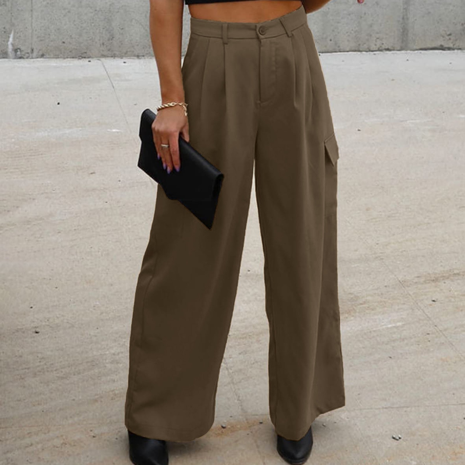 thumbnail image 2 of Pantalones cargo anchos lisos para mujer: cintura elástica, corte holgado, tejido de poliéster, adorno de botones, aptos para primavera/verano/otoño, ropa informal y para actividades al aire libre, 2 of 8